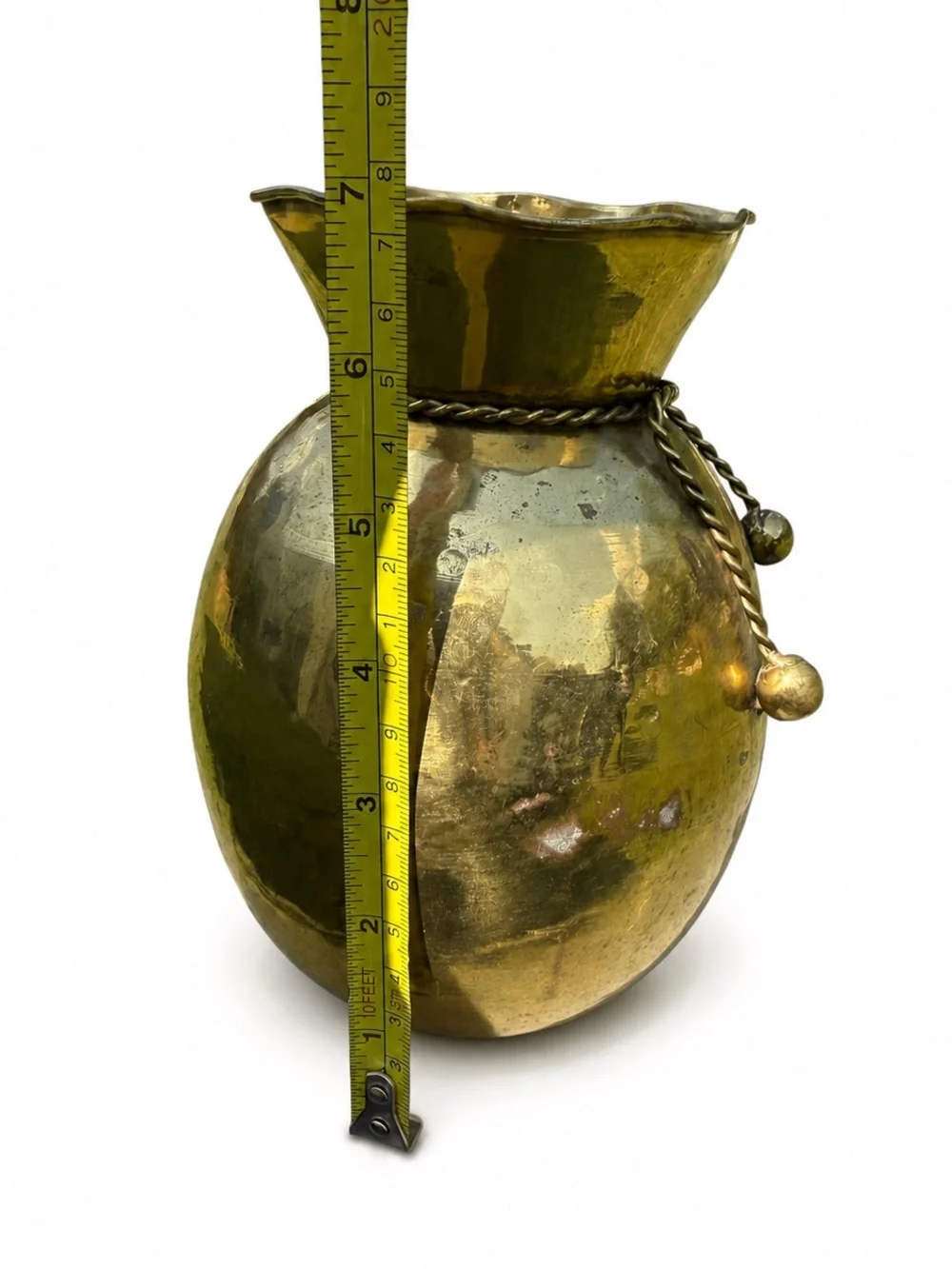 Vintage Brass Vase India 7.5” Twisted Rope Tassel Scalloped Rim Old World Decor